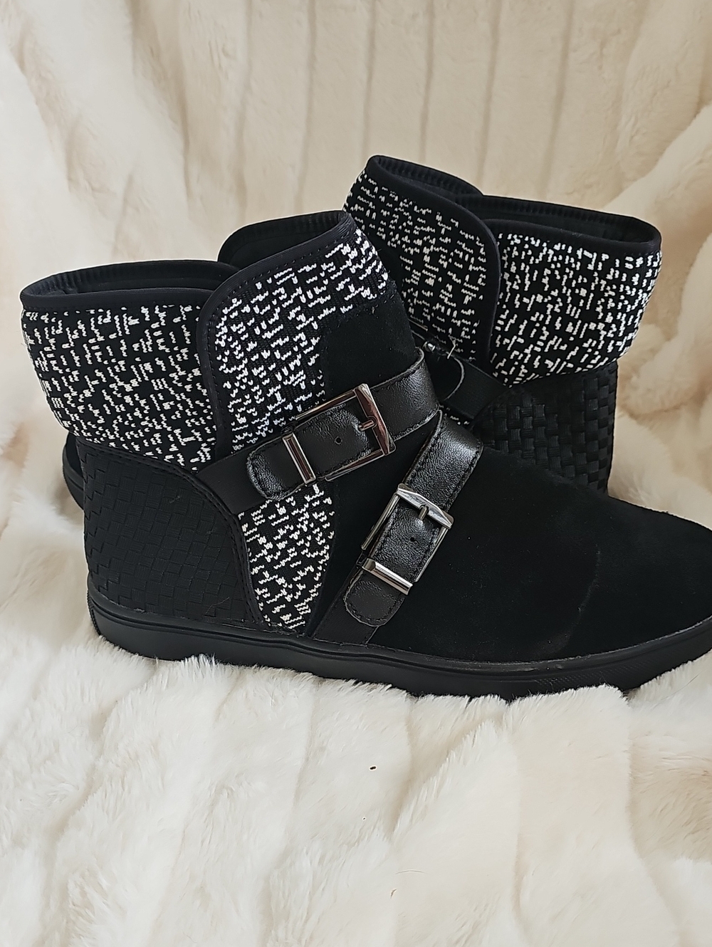 bernie mev. Black Knit-Cuff Ankle Booties with Buckle Straps